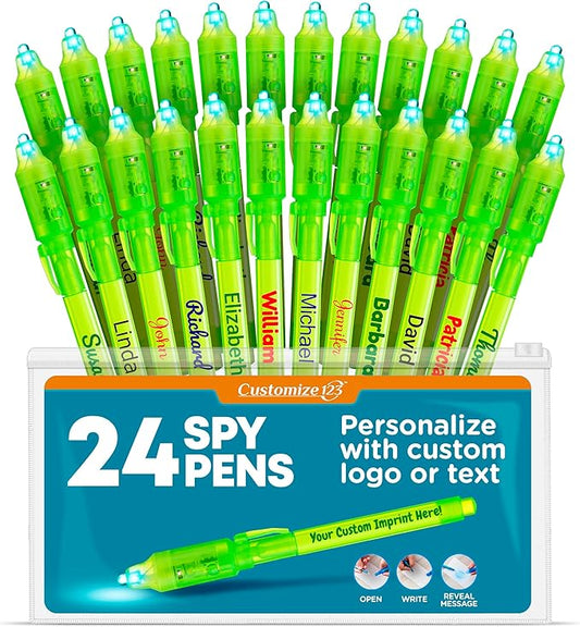 Personalized Invisible Disappearing Ink Pen Marker Pack, Custom Secret Spy Message Writer with UV Light, Fun for Kids Party Favors Gifts and Stock Stuffers, 24 Pack, Green-DeskLoop Office
