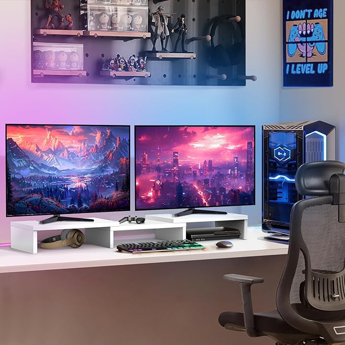 TAVR Furniture Dual Monitor Stand Riser, Computer Monitor Stands for 2 Monitors, Extra Long Multifunctional Desktop Organizer Riser for Computer, Laptop, PC, Printer, TV, Max 43.3" Length, White-DeskLoop Office