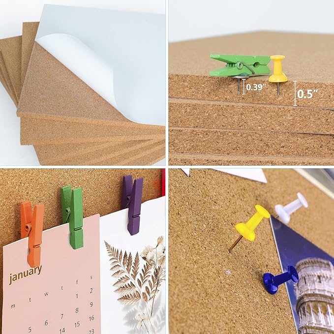 AKTOP Cork Board Bulletin Board 12x12, 1/2" Thick Cork Board Tiles 6 Pack, Small Square Pin Board for Wall, Self Adhesive Corkboards with 60 Push Pin Wood Clips for School, Home & Office-DeskLoop Office