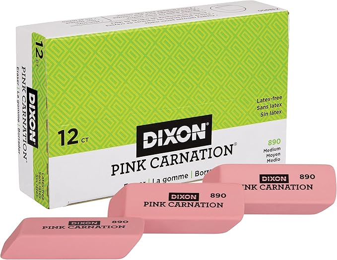 Dixon Pink Carnation Wedge Erasers, Medium, Pink, 2" x .75", 12-Pack (38900)-DeskLoop Office
