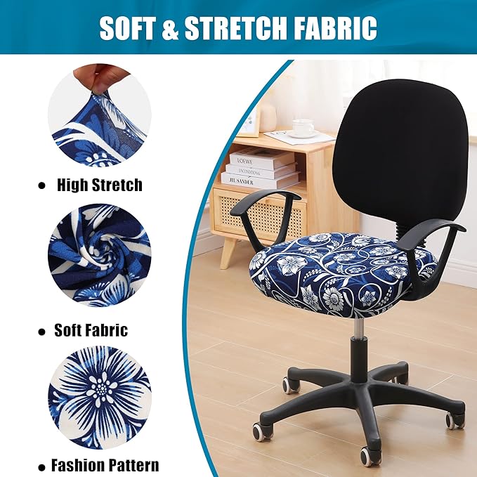 Smiry Printed Office Computer Chair Seat Covers, Stretch Fit Universal Desk Rotating Chair Cover Washable Removable Seat Cushion Protectors - Navy Blue-DeskLoop Office