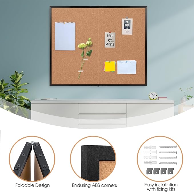 Board2by Extra Large Cork Bulletin Board 48" X 48", Foldable Notice Pin Board for Wall, Black Wood Framed 4'x4' Corkboard, Wall Mounted Noticeboard with 32 Push Pins for School, Home & Office-DeskLoop Office