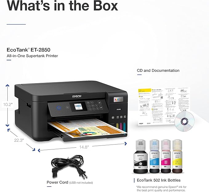 Epson EcoTank ET-2850 Wireless Color All-in-One Cartridge-Free Supertank Printer with Scan, Copy and Auto 2-Sided Printing - Black, Medium-DeskLoop Office