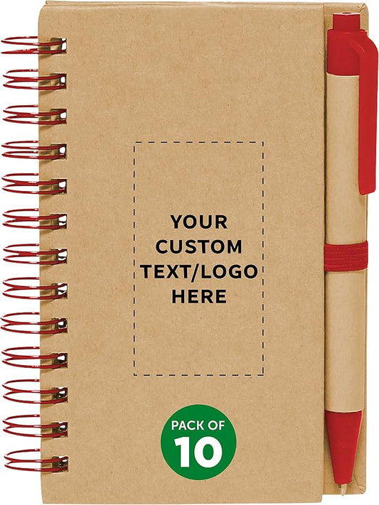 Custom Mini Spiral Notebooks with Black Ink Pens Set of 10, Personalized Bulk Pack - Perfect for School, Office, Business, Home - Red-DeskLoop Office