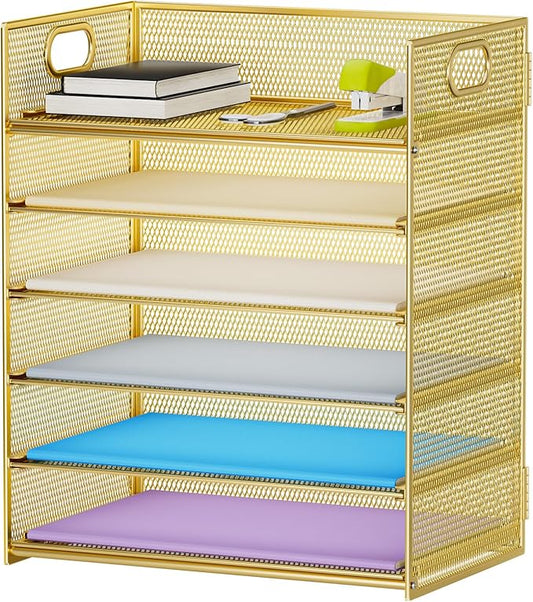 Marbrasse Paper Letter Tray Organizer - 6 Tier Mesh File Organizer with Handle, Paper Sorter Organizer for Letter/A4 Office File Folder Holder - Gold-DeskLoop Office
