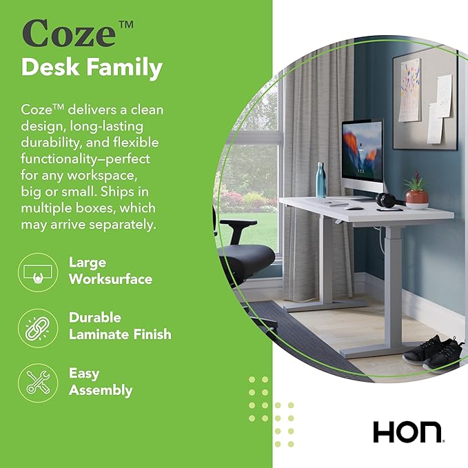HON Coze Electric Standing Desk Adjustable Height, Coordinate Height Adjustable Desk, 54", White Top, Black Base-DeskLoop Office