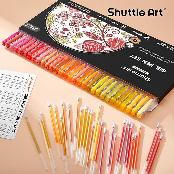 Shuttle Art 60 Pack Red Yellow Tone Gel Pens, 30 Red Orange Yellow Gel Pens with 30 Refills for Adults Coloring Books Journaling Drawing Nature, Landscapes, Animals Scenes-DeskLoop Office