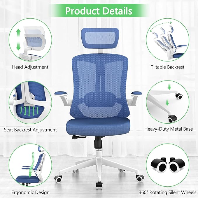 Home Office Chair,Ergonomic Big and Tall Office Desk Chair with Flip-up Arms/Headrest/Adjustable Lumbar Support/Tilt Function/450 lbs Heavy Duty Office Chair-Mesh (Blue)-DeskLoop Office