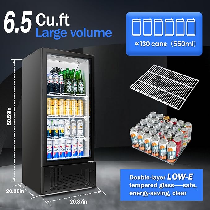 6.5 Cu.Ft Commercial Beverage Refrigerator Glass Door Upright Drink Cooler Display Fridge with Adjustable Shelves and LED Light for Restaurant Bar Store Office-DeskLoop Office