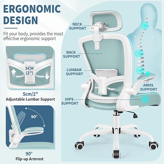 FelixKing Ergonomic Office Chair, Headrest Desk Chair Office Chair with Adjustable Lumbar Support, Home Office Swivel Task Chair with High Back and Armrest, Adjustable Height Gaming Chair(Light Blue)-DeskLoop Office
