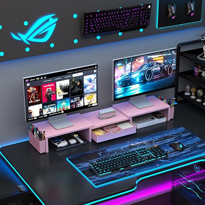 gianotter Dual Monitor Stand Riser, Desk Organizer With Drawer and 2 Pen Holders,Desk Organizers and Accessories, Pink Office Supplies (Pink)-DeskLoop Office