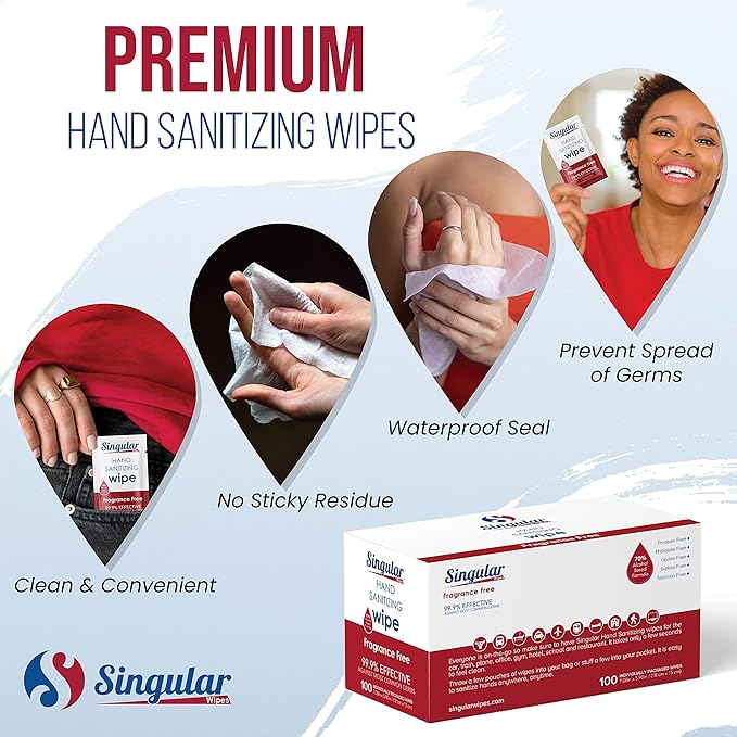 Hand Sanitizing Wipes Travel Size by Singular Wipes –100ct Individually Wrapped | Fragrance-Free, Moisturizing, 70% Isopropyl Alcohol Wipes | Travel, Home, Office, Daily Use | Made in USA-DeskLoop Office