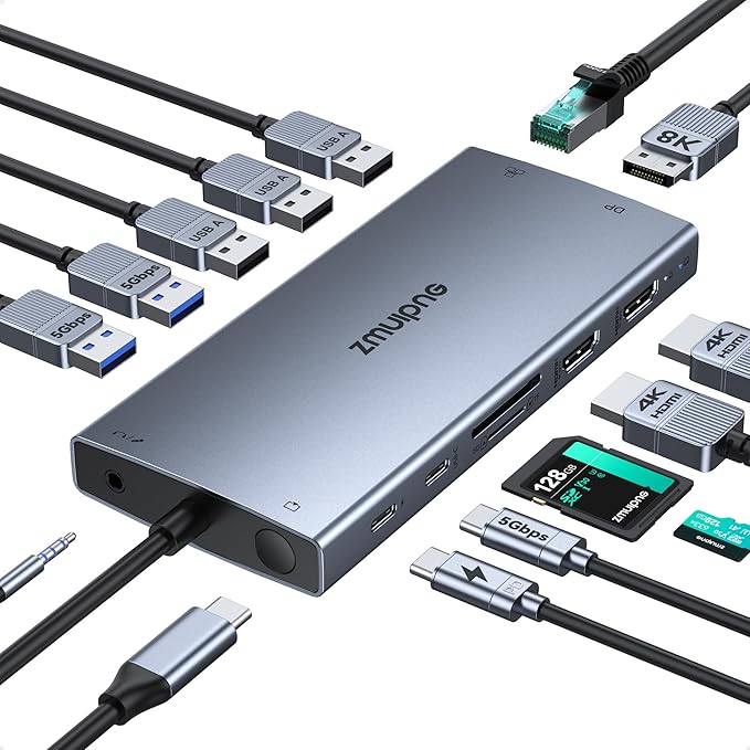 USB C Laptop Docking Station with 2 HDMI 4K@60Hz+DP 8K@30Hz for Dell HP Thinkpad Surface, 15 in 1 USB C Hub Triple Display Multiple Adapter, Dongle with USB A Port+Button+PD+Ethernet+SD/TF+Audio-DeskLoop Office