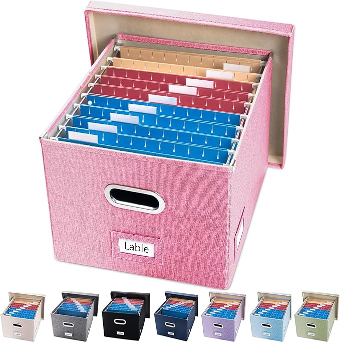 PRANDOM File Organizer Box - Set of 1 Collapsible Decorative Linen Filing Storage Hanging File Folders with Lids Office Cabinet Letter/Legal Pink (17x14x11.2 inch)-DeskLoop Office