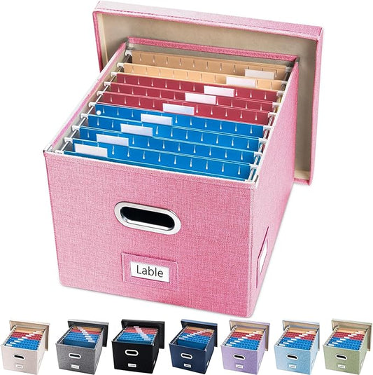 PRANDOM File Organizer Box - Set of 1 Collapsible Decorative Linen Filing Storage Hanging File Folders with Lids Office Cabinet Letter/Legal Pink (17x14x11.2 inch)-DeskLoop Office