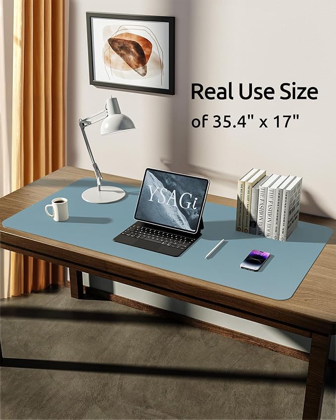 YSAGi Leather Desk Protector, Office Mat, Large Mouse Mat, Non-Slip PU Leather Blotter, Laptop Pad, Waterproof Writing Pad for Office and Home (Ice Blue, 35.4" x 17")-DeskLoop Office