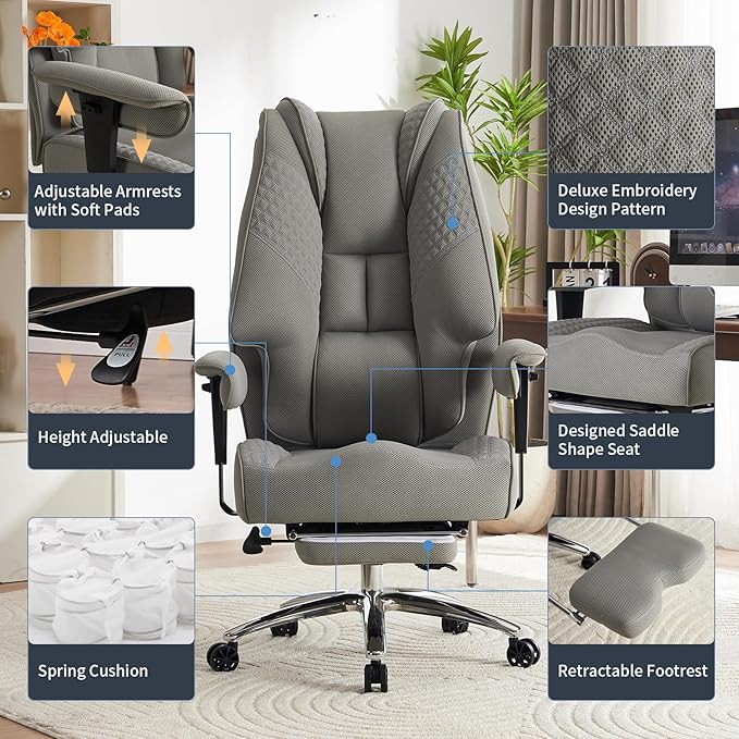 Big and Tall Office Chair 400lbs Wide Seat, Leather High Back Executive Office Chair with Foot Rest, Ergonomic Chairs Lumbar Support for Lower Back Pain Relief (Mesh Light Grey)-DeskLoop Office