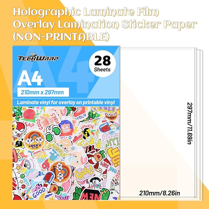TECKWRAP Laminating Sheets Clear Laminate Sheets Sticker Paper for Inkjet Printer Clear Vinyl for Printable Vinyl Sticker Paper Photo Paper 8.26" x 11.69" A4 28 Sheets, Glossy-DeskLoop Office