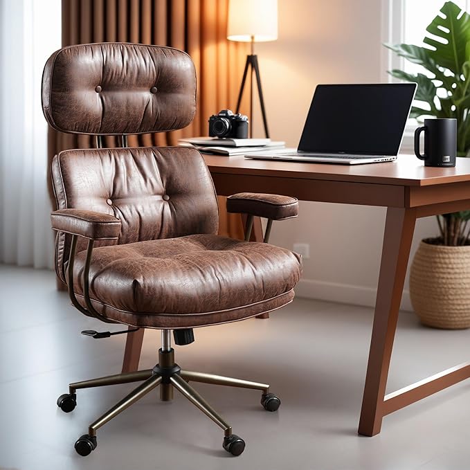 ovios Home Office Chair, Mid-Century Modern Faux PU Leather Chairs with Lumbar Support Comfy Thick Cushion, High Back Ergonomic Swivel Rolling Executive Armchair (Dark Brown, Suede Leather)-DeskLoop Office