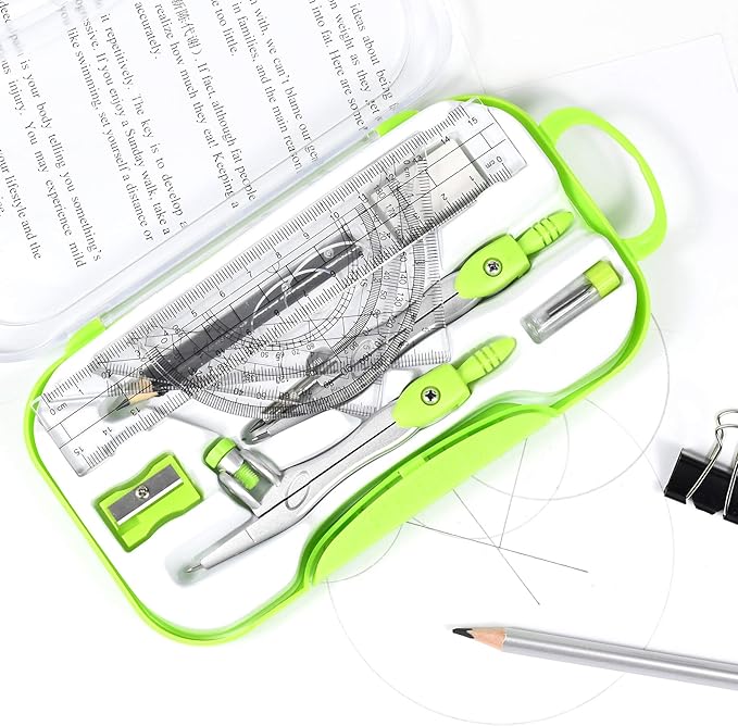 Math Geometry Kit Sets 10 Piece Student Supplies with Shatterproof Storage Box,Includes Rulers,Protractor,Compass,Eraser,Pencil Sharpener,Lead Refills,Pencil,for Drafting and Drawings(Green)-DeskLoop Office