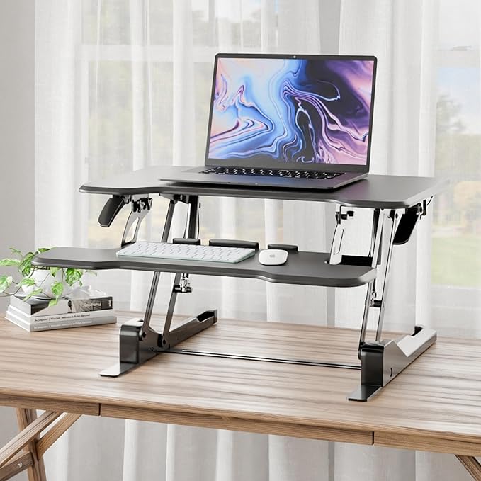 Mount-It! Height Adjustable Standing Desk Converter, Compact 30” Wide Tabletop Standing Desk Riser with Gas Spring, Desktop Stand Up Workstation with Keyboard Tray Fits Monitor or Laptop, Black-DeskLoop Office
