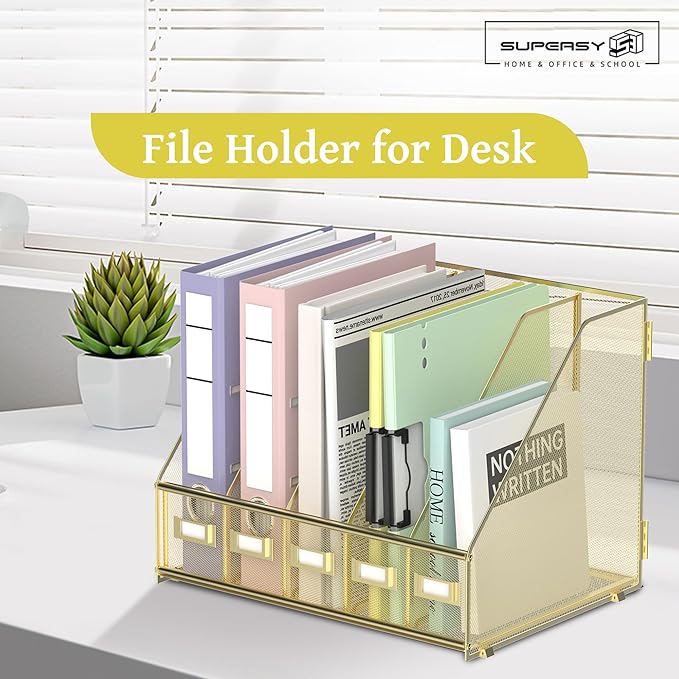 SUPEASY Desk Organizers Metal Desk Magazine File Holder with 5 Vertical Compartments Rack File Organizer for Office Desktop, Home Workspace, Gold Plus-DeskLoop Office