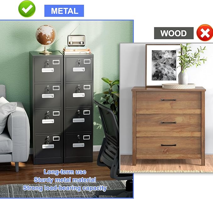 4 Drawer File Cabinet, Metal Vertical Filing Cabinet with 4 Lock,Office Home File Cabinet with Name Card Holder for A4 Letter/Legal Size, 14.96" W x 17.72" D x 55.2" H, Assembly Required(Black)-DeskLoop Office