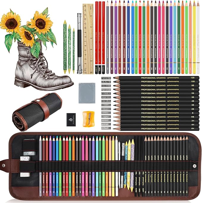 Sketching Drawing Art Pencil Kit-50 Piece Set with 24 Color Pencils for Adult Kid Coloring Books, 14 Graphite 3 Charcoal Erasers Etc., Artist Supplies Ideal for Adult, Kid,Student, Beginner-DeskLoop Office