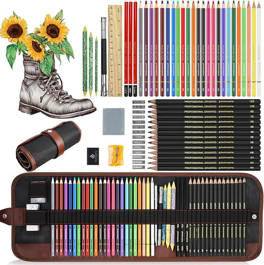 Sketching Drawing Art Pencil Kit-50 Piece Set with 24 Color Pencils for Adult Kid Coloring Books, 14 Graphite 3 Charcoal Erasers Etc., Artist Supplies Ideal for Adult, Kid,Student, Beginner-DeskLoop Office