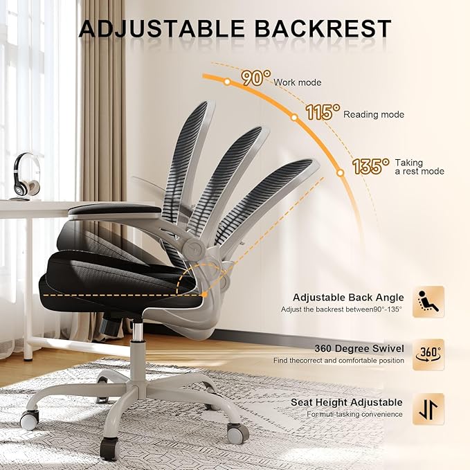 Office Chair, Ergonomic Desk Chairs 330LBS Capacity High Back Mesh Computer Chair with Flip-up Armrests, Comfy Work Chair with Adjustable Lumbar Support, Rolling Chair-DeskLoop Office