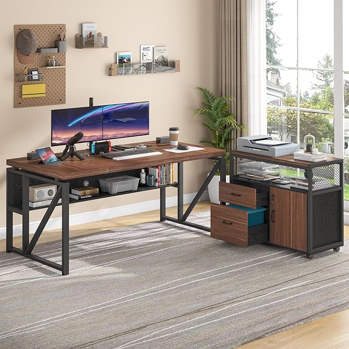 Tribesigns Office Desk with Drawers Sets, 63 inches L Shaped Computer Desk with Mobile File Cabinet,Big Executive Desk for Home Office Furniture Sets (Dark Brown, 63-inch)-DeskLoop Office
