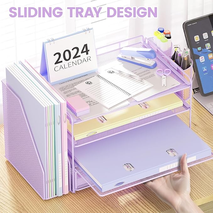Desk Organizer and Accessories, 4-Tier Desktop File Organizer with Drawer and 2 Pen Holders, Office Desk Accessories for Office Supplies(Purple)-DeskLoop Office