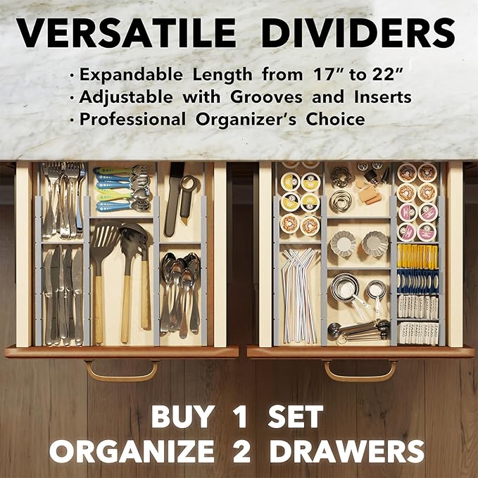 SpaceAid Bamboo Drawer Dividers with Inserts and Labels, Kitchen Adjustable Drawer Organizers, Expandable Organization for Home, Office, Dressers, 10 Dividers with 24 Inserts (17"-22" Gray)-DeskLoop Office