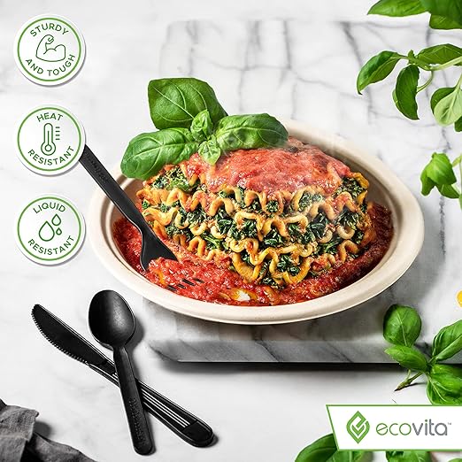 100% Compostable Forks Spoons Knives Cutlery Combo Set - 380 Large Disposable Utensils (7 in.) Eco Friendly Durable and Heat Resistant Alternative to Plastic Silverware with Convenient Tray