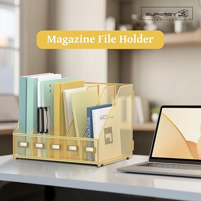 SUPEASY Desk Organizers Metal Desk Magazine File Holder with 5 Vertical Compartments Rack File Organizer for Office Desktop, Home Workspace, Gold-DeskLoop Office