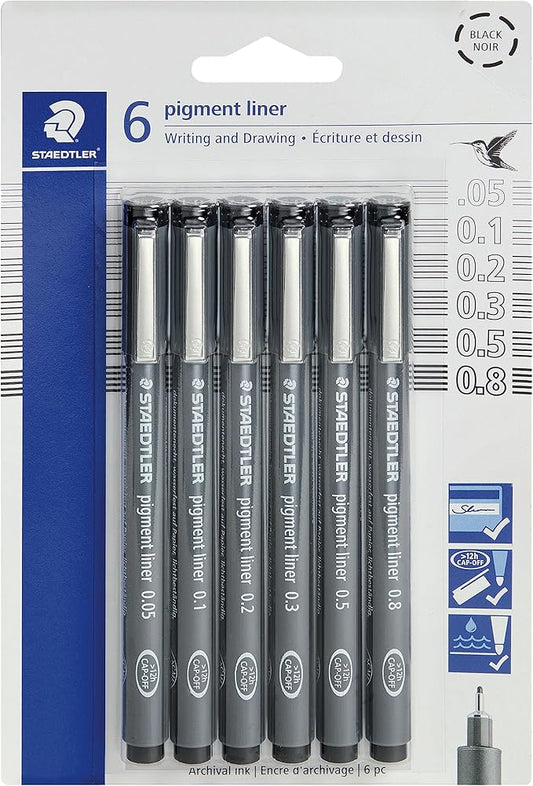 STAEDTLER Pigment Liner Pack, Black, 6 Pens, Assorted Line Widths, 0.05mm, 0.1mm, 0.2mm, 0.3mm, 0.5mm, 0.8mm-DeskLoop Office
