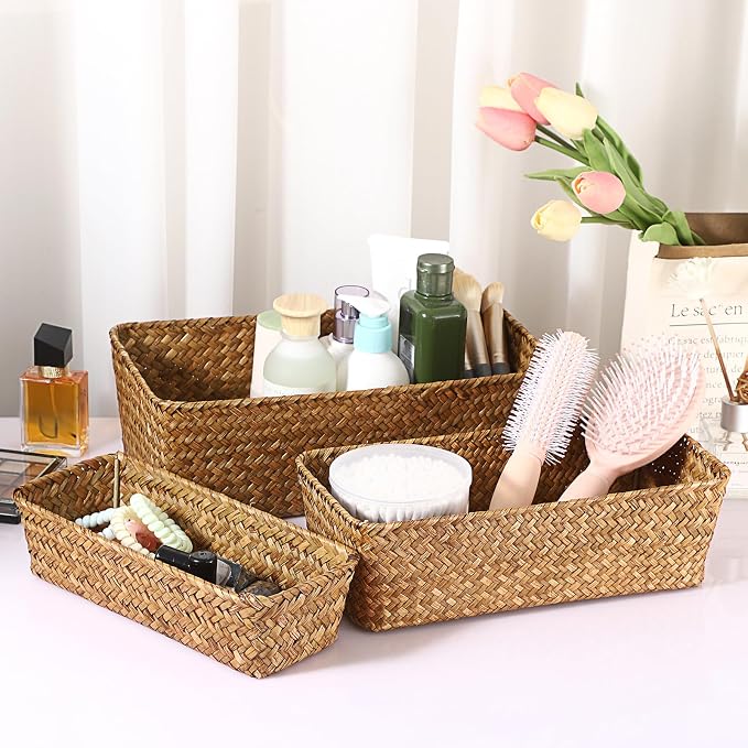 3 Natural Wicker Basket Set Rectangular Handwoven Seagrass Basket Storage Bins - Image 7