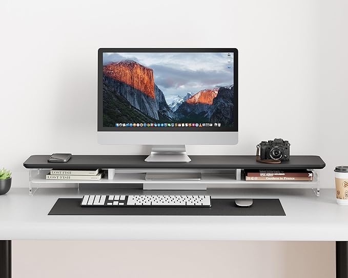 Fenge Acrylic Monitor Stand Riser, 42.5 Inches Dual Monitor Stand with Metal Storage, 2 Tier Acrylic Computer Riser for Desk, Clear Laptop Stand for PC, Laptop, Printer, TV, Black-DeskLoop Office