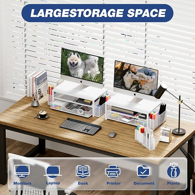 Desk Organizers and Accessories, 2-Tier Computer Monitor Stand Riser with Drawer and 2 Pen Holders, Laptop Stand, Office Desk Accessories for Office Supplies, White-DeskLoop Office