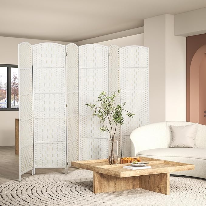 HOMCOM Room Divider, 6 Panel Folding Privacy Screen, 6FT Tall Portable Wicker Weave Partition Wall Divider for Bedroom, Home Office, White-DeskLoop Office