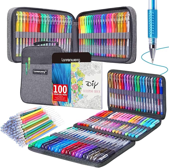 200 Pack Gel Pen Set 100 Colored Gel Pen with 100 Refills,Glitter Gel pens 40% More Ink with Canvas Bag for Kids Coloring Books Drawing Crafts Scrapbooks Journaling Planner-DeskLoop Office