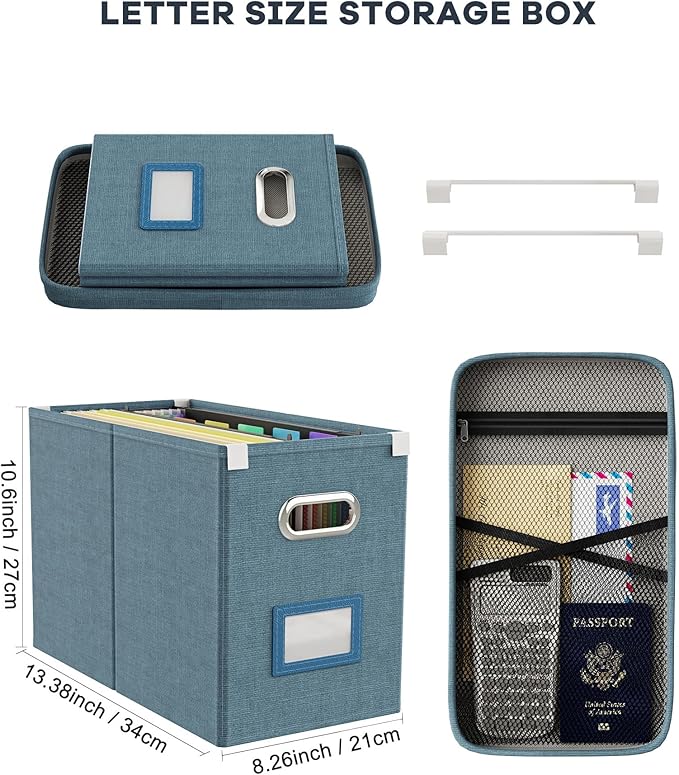 Oterri File Organizer with Lid, Hanging Filing Box with Mesh Pocket, Document Organizer for Letter Files, Portable Storage Box with Smooth Sliding Rail for Office&Home (2 PCS, Dark-blue)-DeskLoop Office