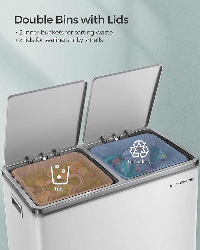 SONGMICS Trash Can, 2 x 8 Gallon (2 x 30 L) Garbage Can for Kitchen, with 15 Trash Bags, 2 Compartments, Plastic Inner Buckets and Hinged Lids, Airtight, White and Gray ULTB60WT-DeskLoop Office