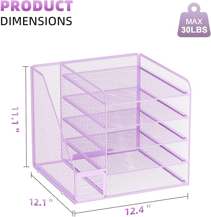 Marbrasse Desk Organizers and Accessories, 5-Tier Paper Letter Tray Organizer with File Holder, Mesh File Organizer, Office Desk Accessories & Organization for Supplies (Purple)-DeskLoop Office