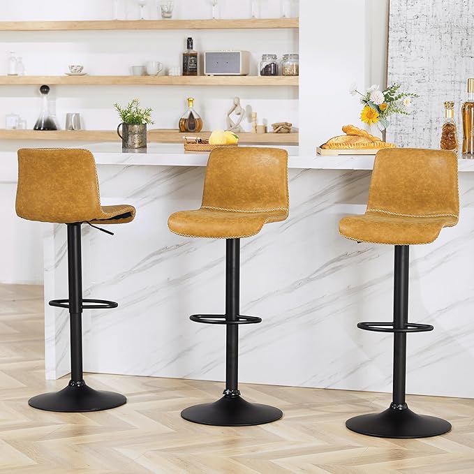 HeuGah Bar Stools Set of 4, Swivel Counter Height Barstools with Back, Adjustable Height 24" to 32", Whiskey Brown Faux Leather Bar Chairs for Kitchen Island (Whiskey Brown, Set of 4 (24'' to 32''))-DeskLoop Office