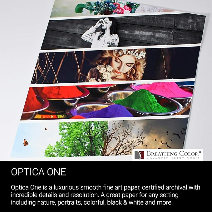 Optica One is a Luxurious 300 gsm Smooth Matte Fine Art Inkjet Paper Offered in size 17"x22”, 25 Sheets; Its Bright White Color is Ideal for Black and White and Color Prints. 100% Archival Certified