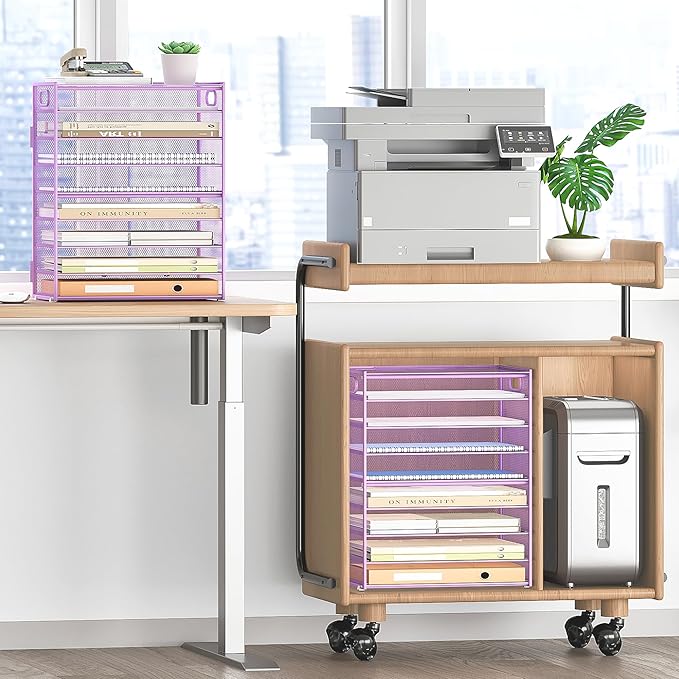 SUBEKYU 9 Tier Paper Letter Tray Desk Organizer with Handles - Purple Metal Mesh File Holder Paper Sorter Desk Organizer for Office Home School, Include 6 Pcs Adjustable Slid Tray, 6 Colors Available-DeskLoop Office