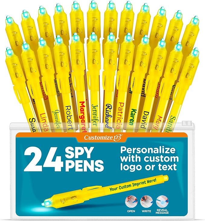 Personalized Invisible Disappearing Ink Pen Marker Pack, Custom Secret Spy Message Writer with UV Light, Fun for Kids Party Favors Gifts and Stock Stuffers, 24 Pack, Yellow-DeskLoop Office