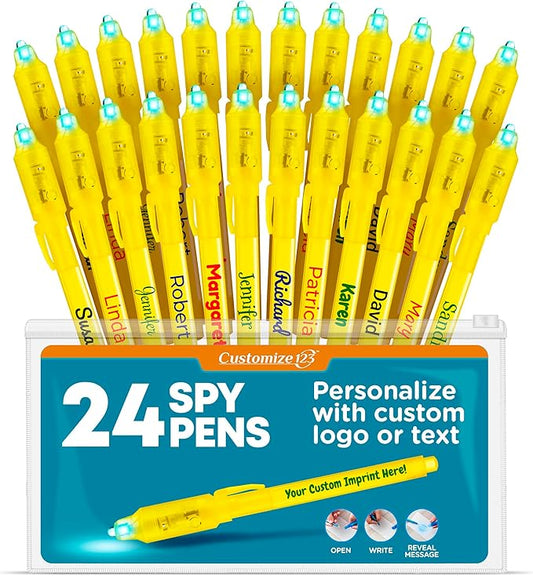 Personalized Invisible Disappearing Ink Pen Marker Pack, Custom Secret Spy Message Writer with UV Light, Fun for Kids Party Favors Gifts and Stock Stuffers, 24 Pack, Yellow-DeskLoop Office
