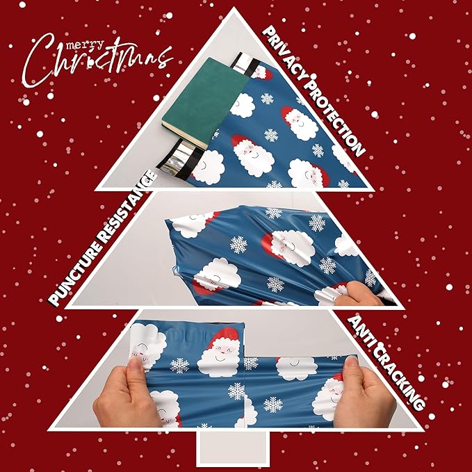 Christmas Poly Mailer - 12x15.5 Inch, 50 Pcs Waterproof Shipping Bags for Clothing, Tear-Resistant, Strong Mailing Bags with Self-Seal - Santa Claus and Snowflakes Printed-DeskLoop Office
